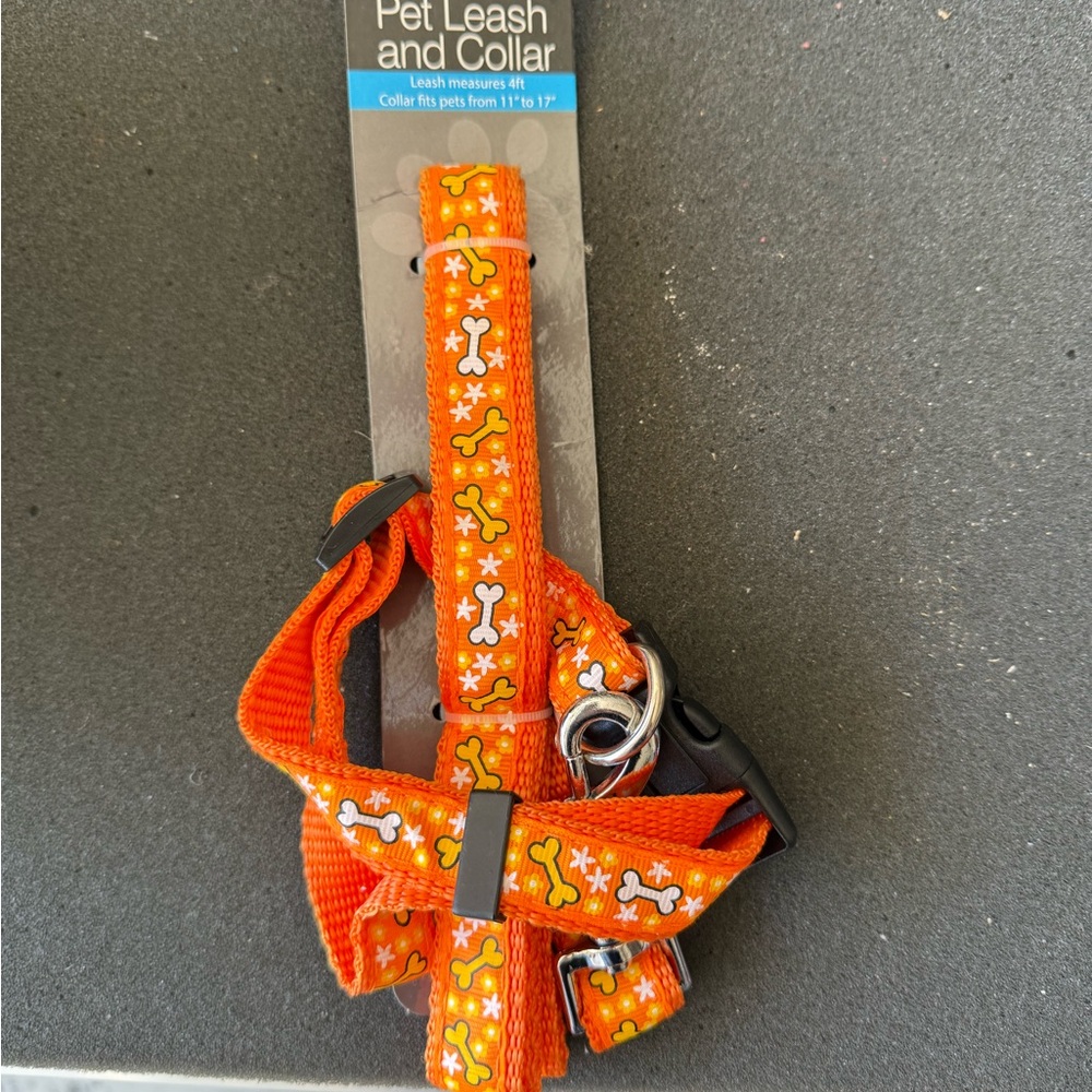 Orange Pet Leash and Collar with Bone Pattern